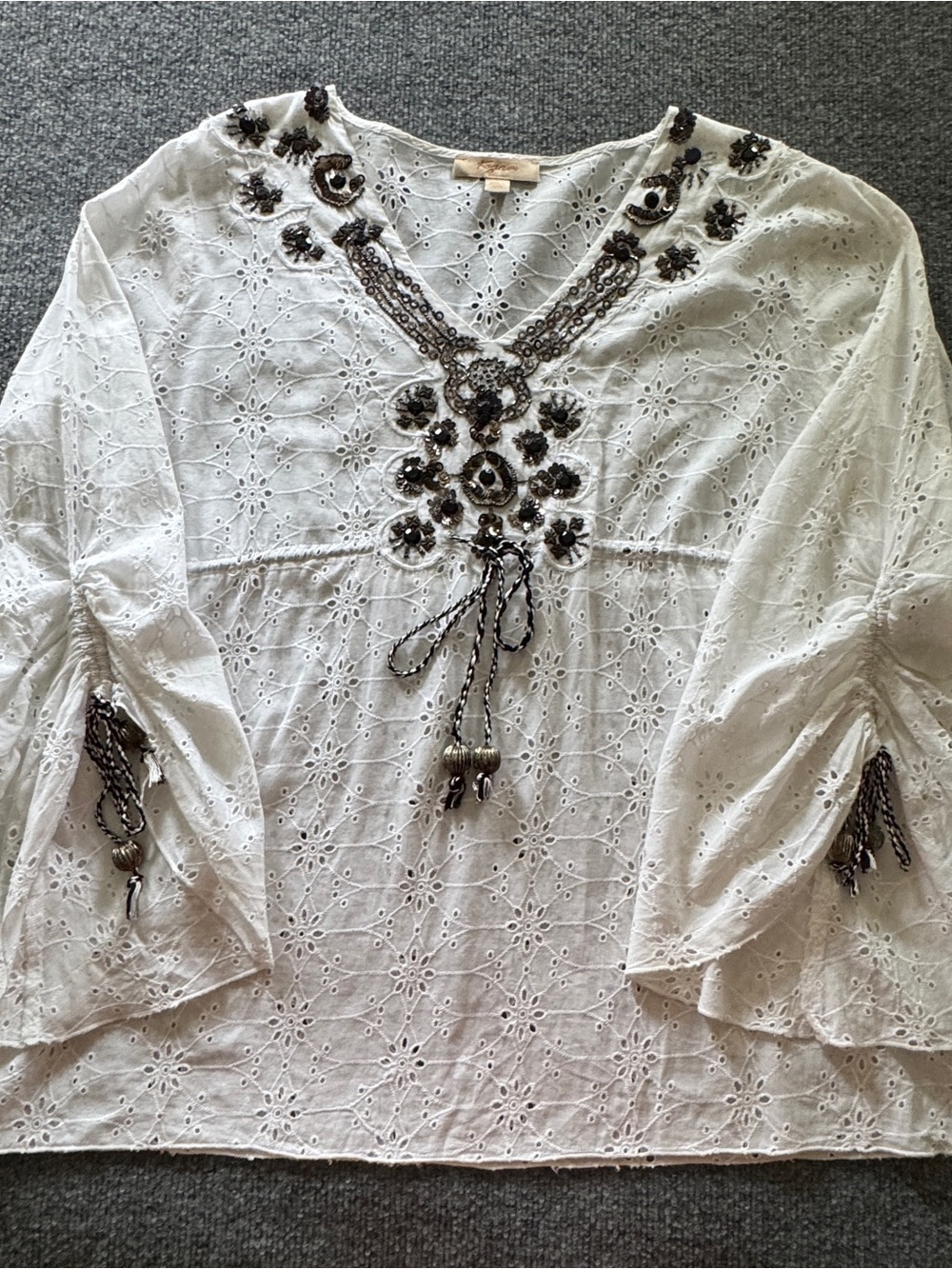 Kyra Beaded Eyelet Peasant Blouse L Boho Festival Cottagecore Resort Cotton - Picture 13 of 16